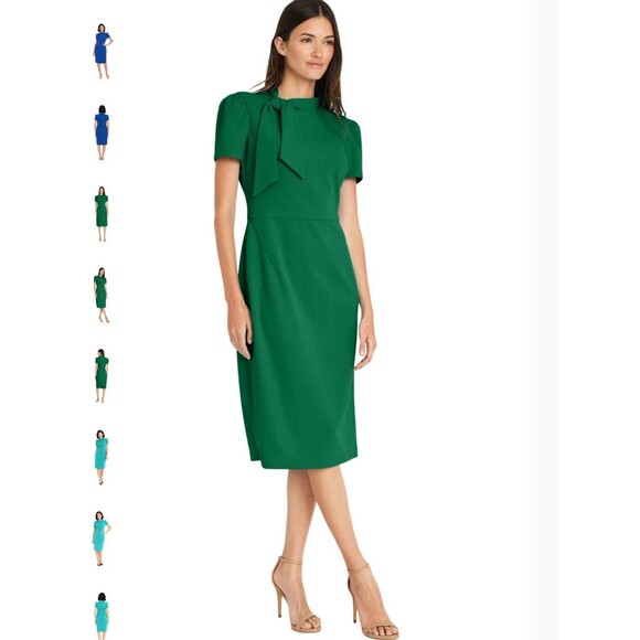 New Maggy London Dress Sz 12 Green FLIGHT ATTENDANT Tie Neck Sheath Retail $138 - Picture 4 of 14